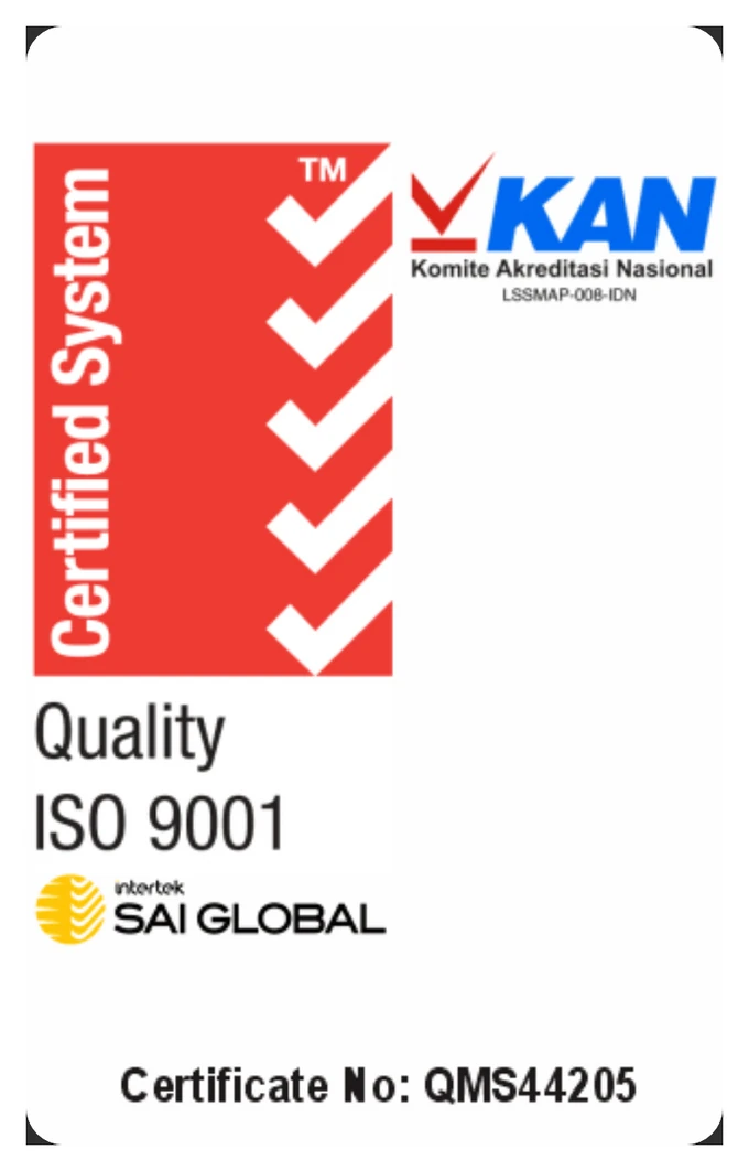 ISO 9001:2015 certified quality management system — Certificate No. QMS44205, Intertek SAI Global / KAN